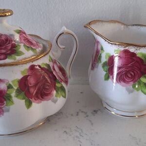 Royal Albert Old English Rose Bone China Sugar Pot With Creamer.